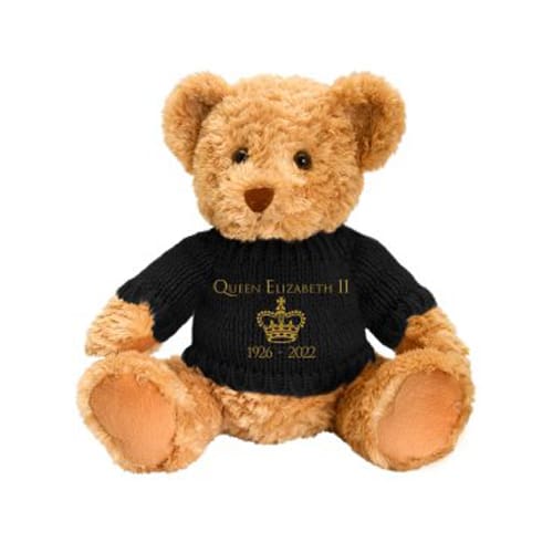 20cm Keeleco Dougie Bear with Queen Elizabeth II Commemoration Black Jumper