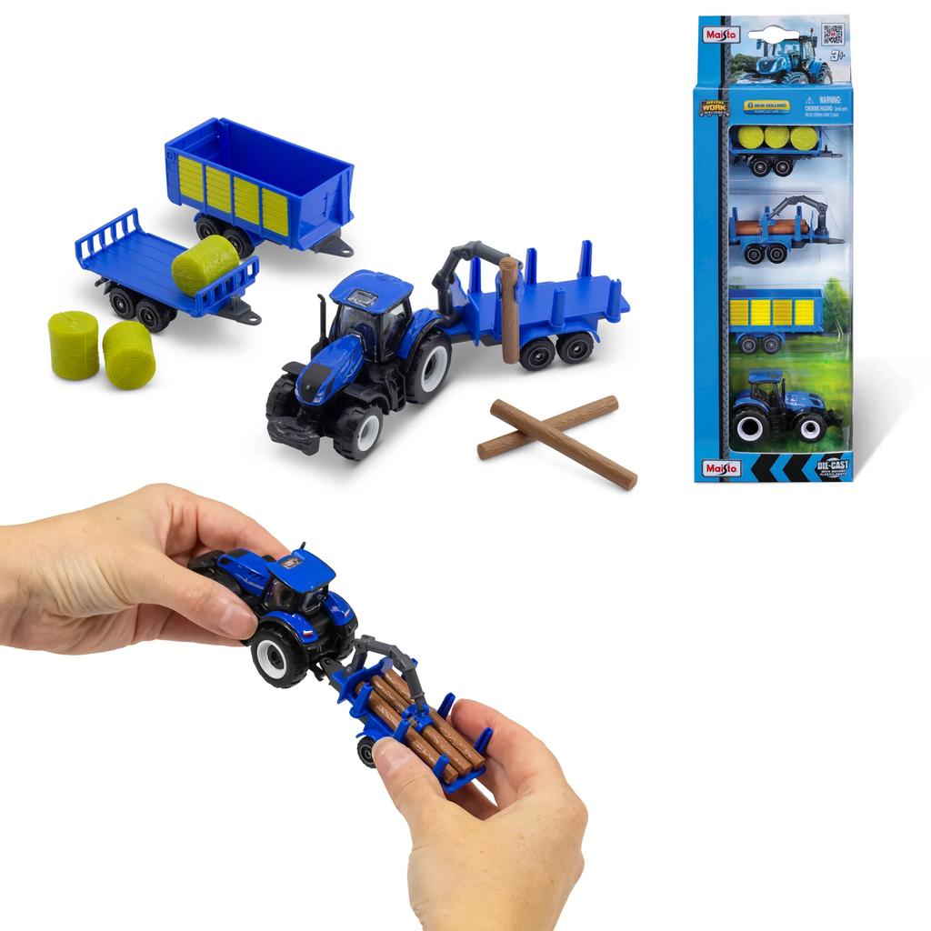 Maisto Mini Work Machines 4 Pack New Holland Tractor and Trailers
