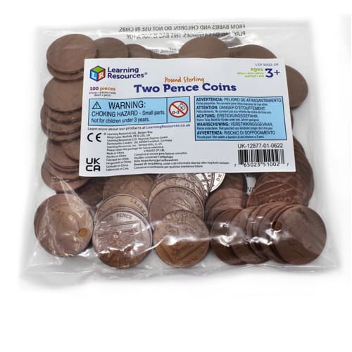 UK Play Money - Two Pence Pieces (Set of 100)