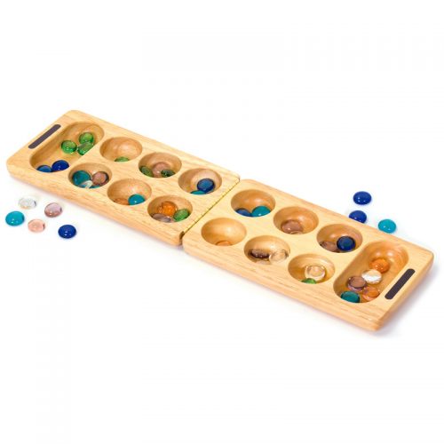 An addictive and easy-to-learn game. The pretty coloured glass pebbles are moved between the ‘pots’ in the solid wood board MANCALA