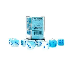 Gemini 16mm d6 Pearl Turquoise-White/blue Luminary Dice Block (12 dice)